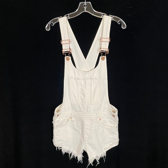 Free People Summer Babe Denim Shortalls White Distressed Frayed 26 XS - Picture 2 of 5